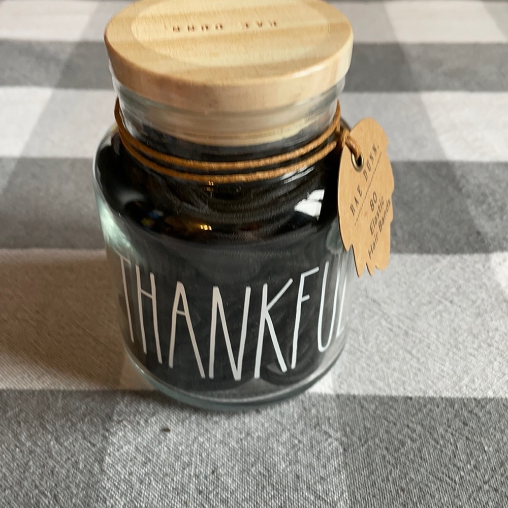 Rae Dunn Thankful jar with 80 elastic hair bands NWT